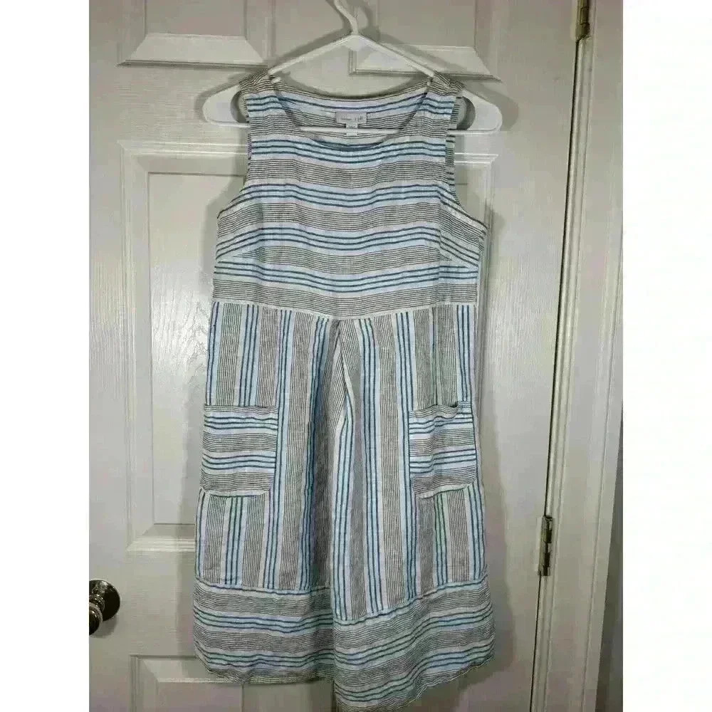 J Jill Love Linen Dress XSmall Petite Sleeveless Pockets Stripe White Blue ALine - Picture 3 of 12